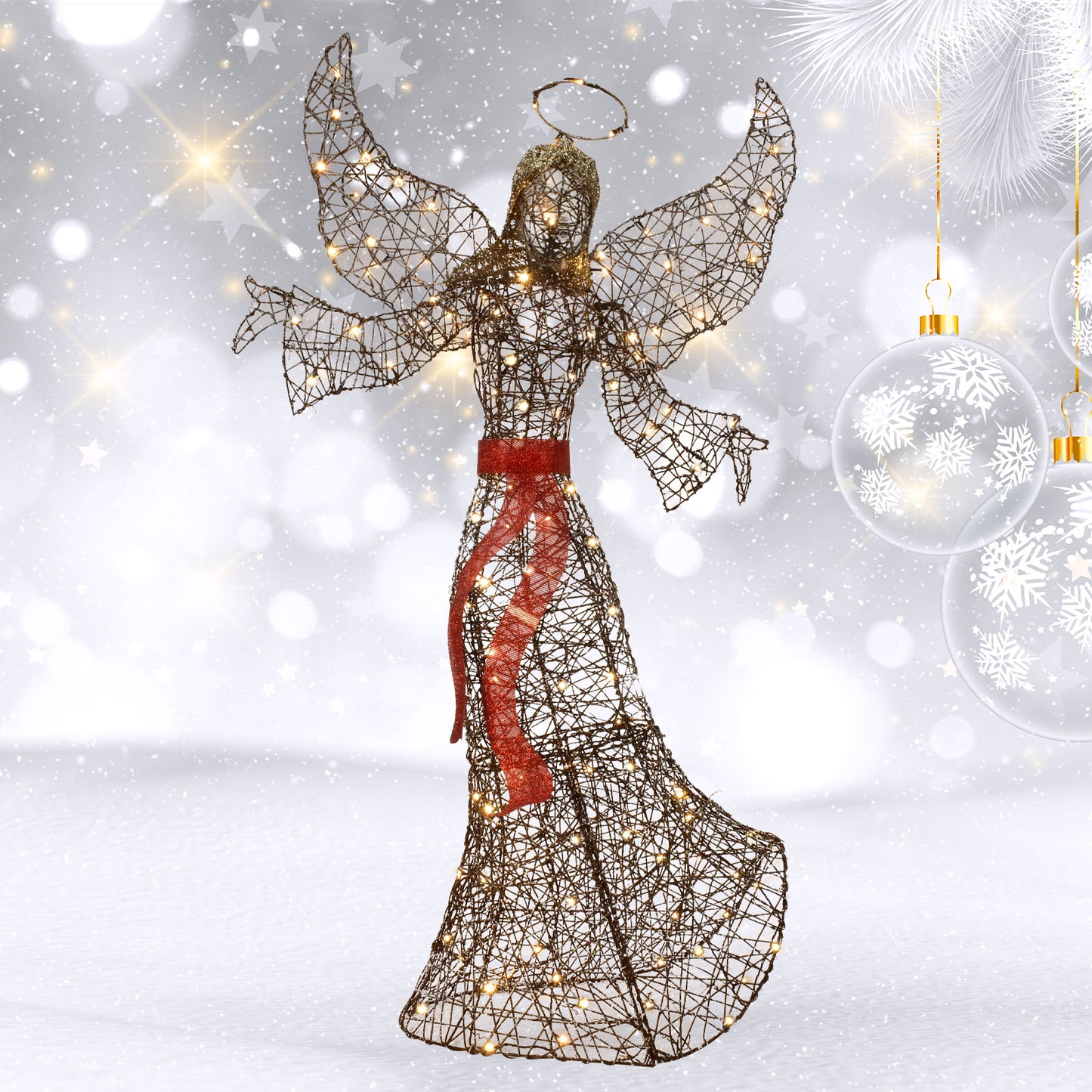 5FT Outdoor Angel Christmas Decoration - HOYECHI Outside Christmas Decor Rattan Angels with 120 LED Lights, Elegant Winged Holiday Figure for Lawn with Bow, Halo, Extension Cord and Ground Stakes