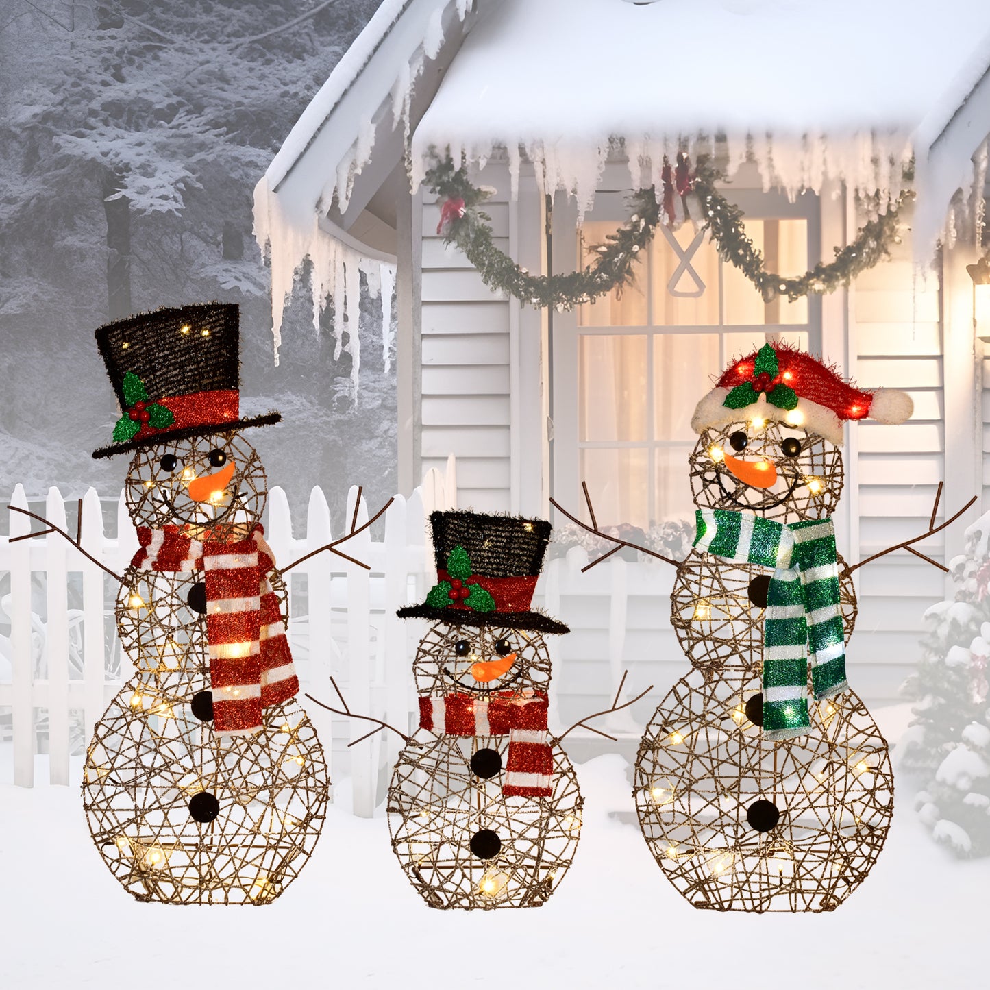 3-Piece 2D Lighted Christmas Rattan Snowman Family Set - HOYECHI Outdoor Yard Light Up Snowman Holiday Decoration with 80 LED Lights, Stakes, Zip Ties - Brown